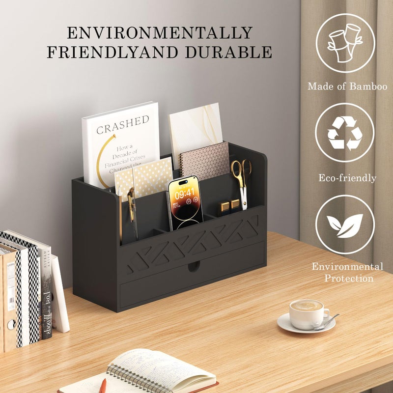 Wisuce Bamboo Mail Organizer Countertop Desktop with Drawer - Desk Organizer with File Organizer for Office Supplies All-in-One Desk File Organizer with Pencil Holder for Paper Letter Envelope Bill - Image 4